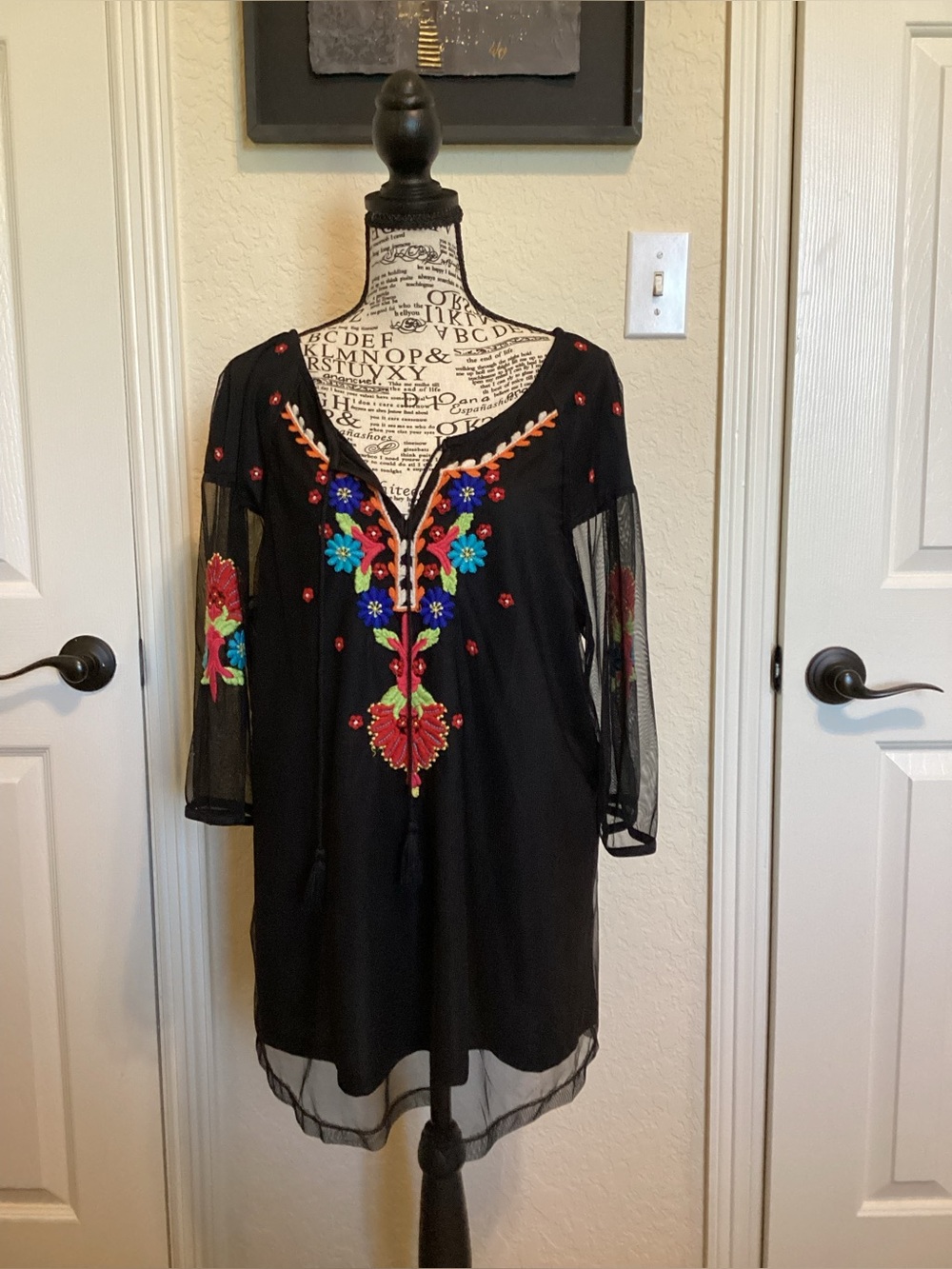 Hannah Black Mesh Tunic with Multicolor Floral Embroidery